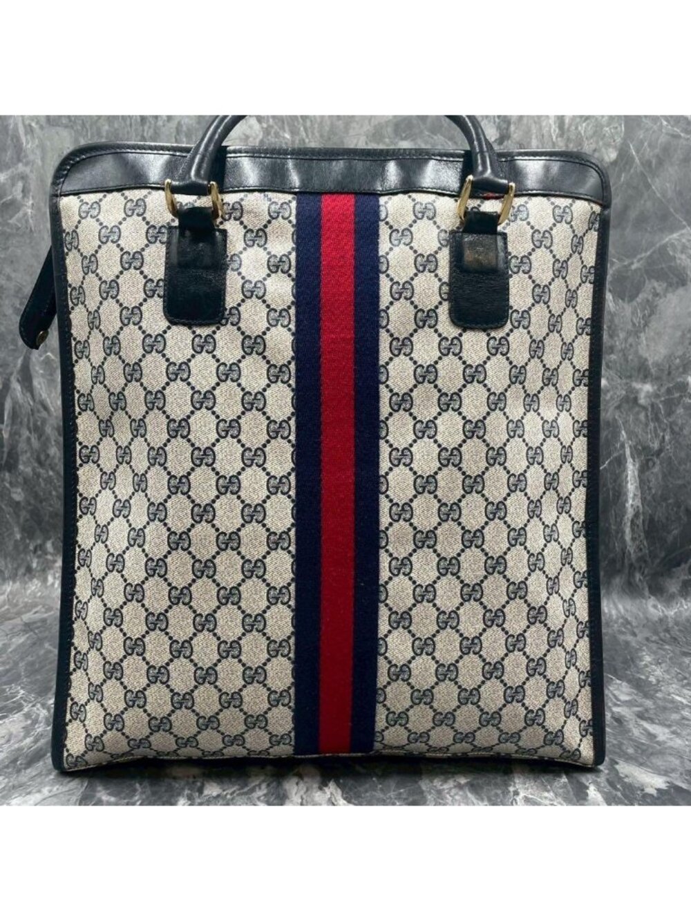 ★SOLD★ Gucci GG Sherry Line Tote Navy Beige Logo - Picture 3 of 10